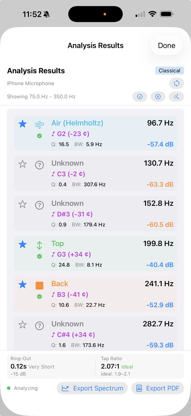 Guitar Tap on iPhone showing the analysis results panel with peak details