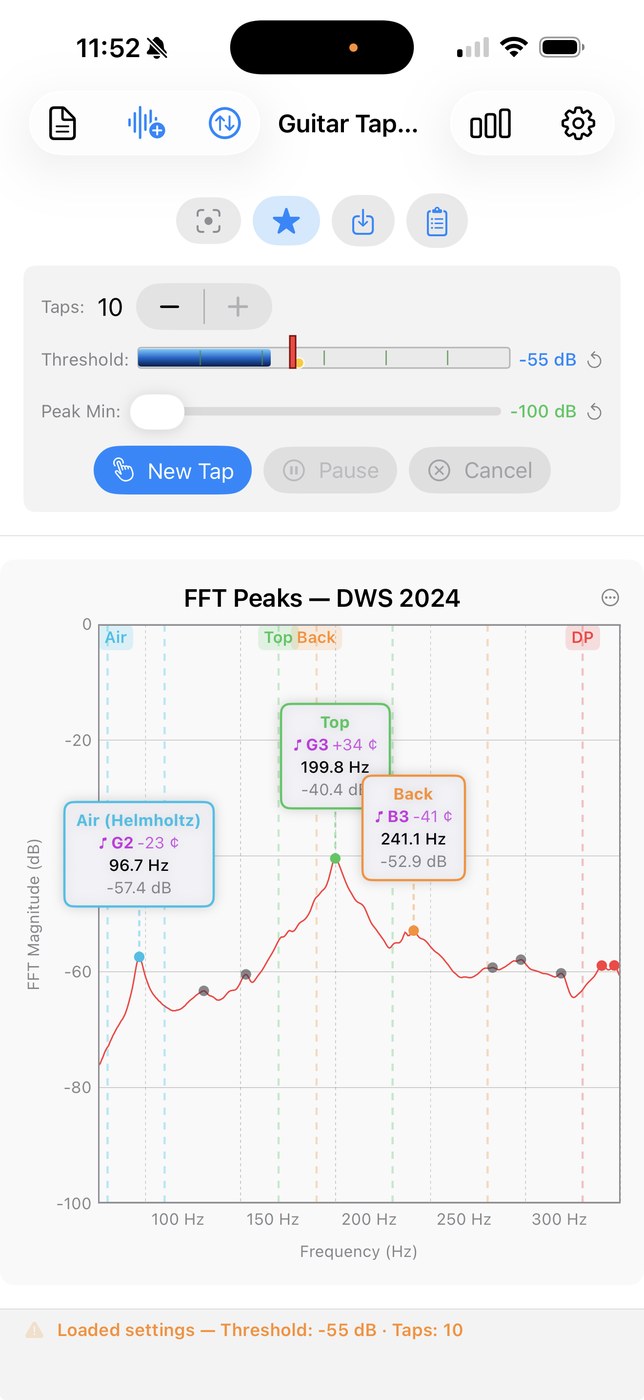 Guitar Tap on iPhone showing a frozen spectrum with labeled peaks