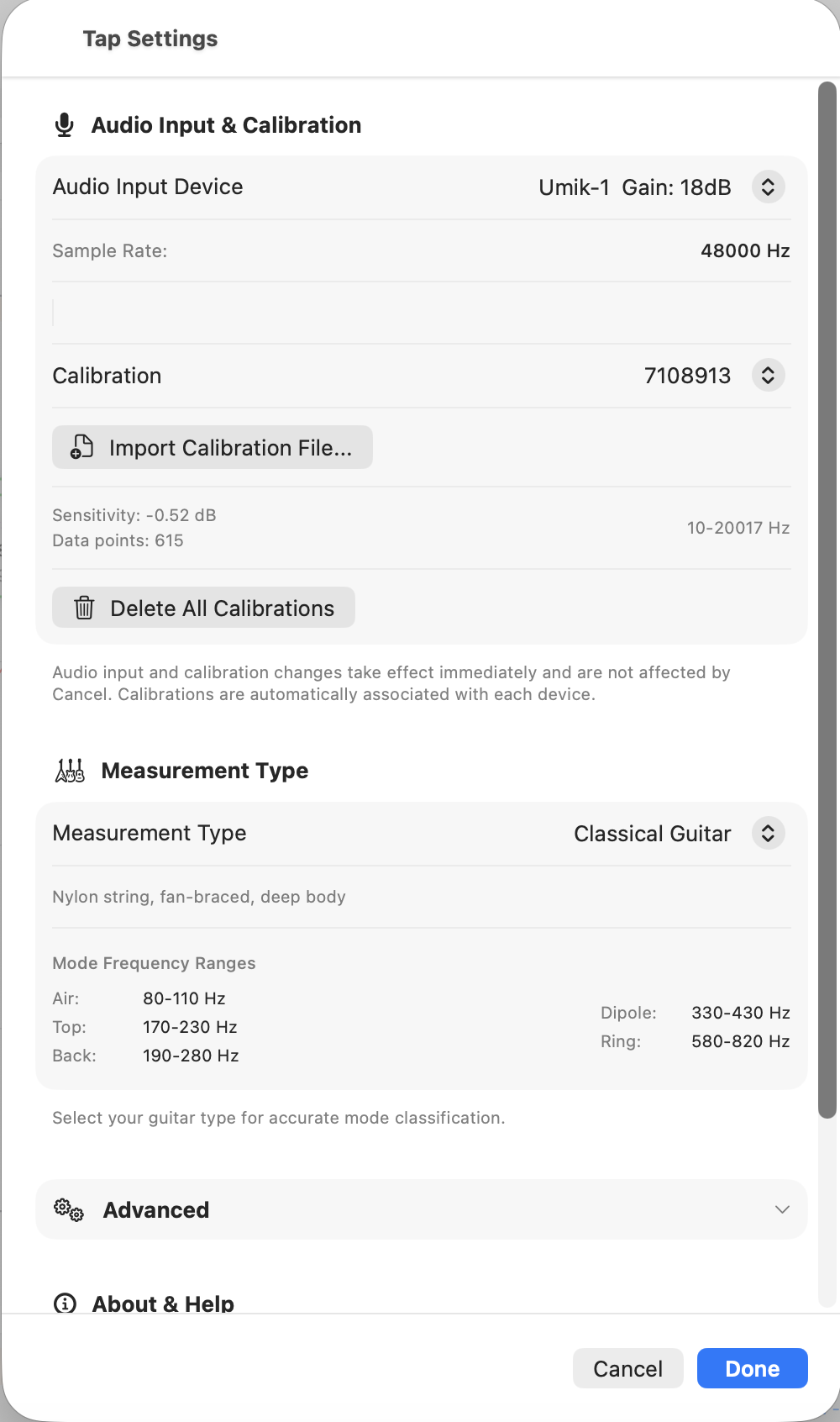 Settings sheet showing Audio Input and Measurement Type sections.