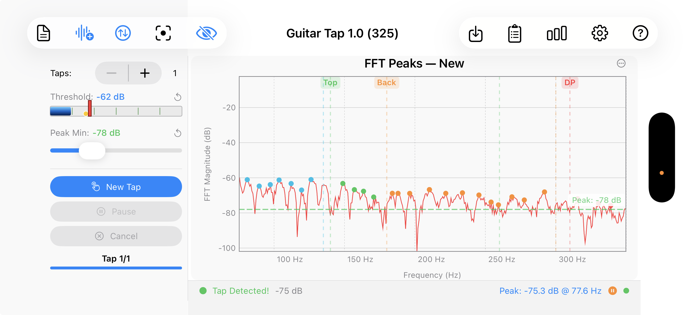 iPhone landscape — Tap Controls panel on the left, spectrum on the right, with the full navigation toolbar across the top and a status bar below the chart.